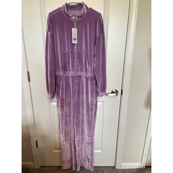Fabletics Womens Long Sleeve Purple Wide Leg Zip-Up Velour Jumpsuit XXL Pockets - Picture 2 of 13